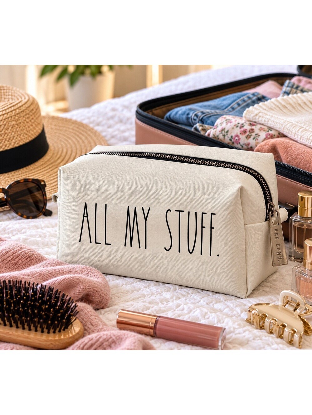 Rae Dunn "All My Stuff" Cosmetic Bag White Travel Makeup Pouch Zippered Case